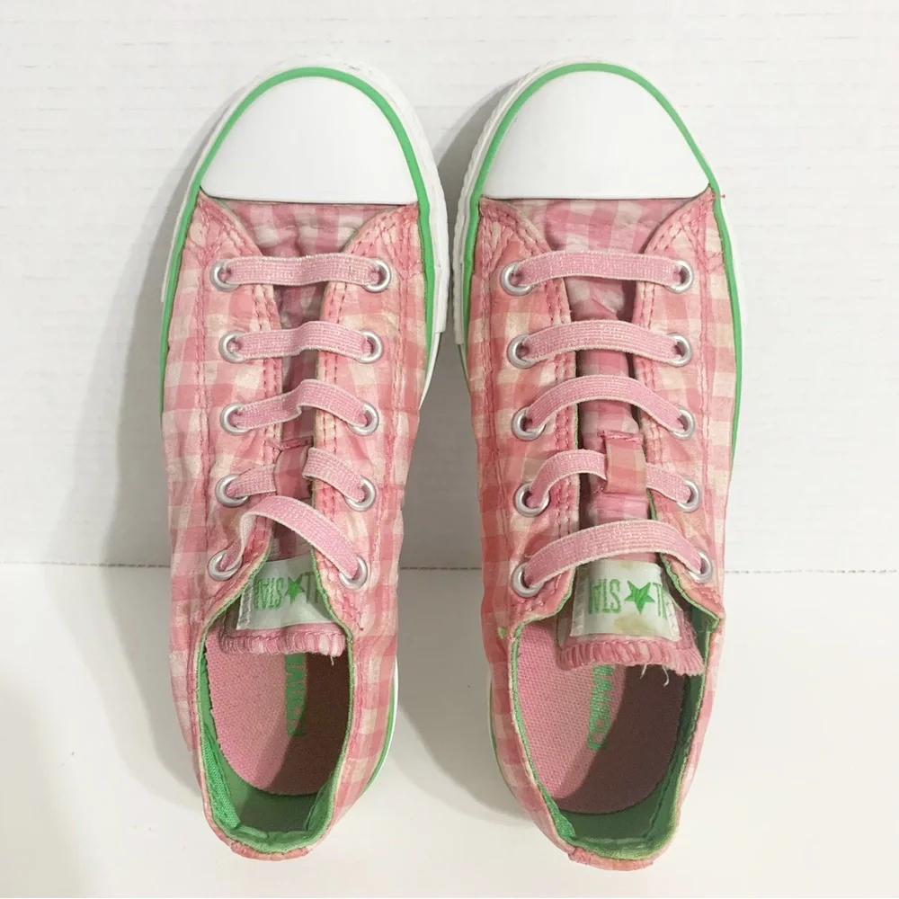 Converse All Star Low Profile Pink & Green Plaid Lace Up Textile Sneakers 🩷💚